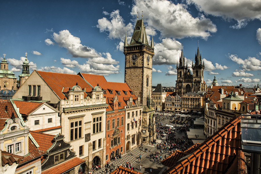 Prague – looking down on a street and a church.