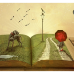 An illustration of a book telling a fairy tale, with a dog, and a path and umbrella on it. By Pixabay