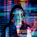 An image denoting AI: a woman standing with an image of numbers and symbols transposed onto her. By ThisIsEngineering via Pexels