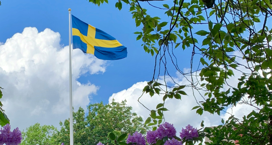 Swedish flag surrounded by green leaves and purple flowers, and a blue sky with big white clouds. By Drahomír Hugo Posteby-Mach via Unsplash
