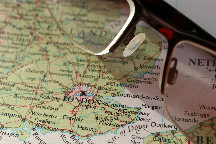 Map of London area and glasses