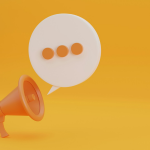 Illustration of an orange megaphone with a speech bubble containing q row of 3 dots. By Getty Images for Unsplash+